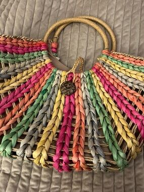 Straw Studios Multicolor Woven Straw Tote Bag with Round Handles